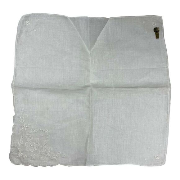 Vintage Gerbrend Linen White Handkerchief Embroidered White Flower Leaf Design - Picture 2 of 6